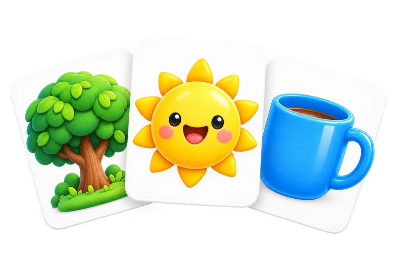 Colorful picture cards showing a tree, a sun and a cup