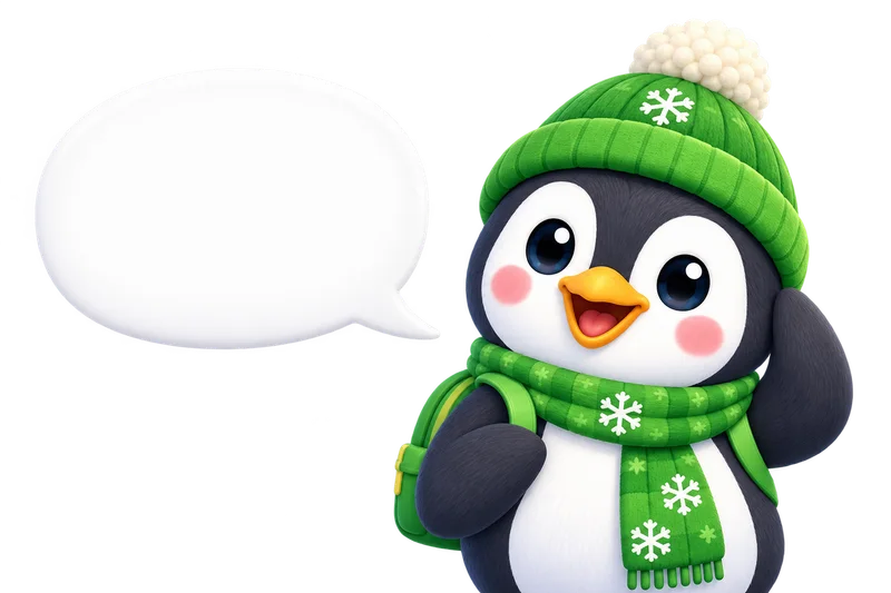 Poppy, wearing a green winter hat and scarf, ready to practice sounds