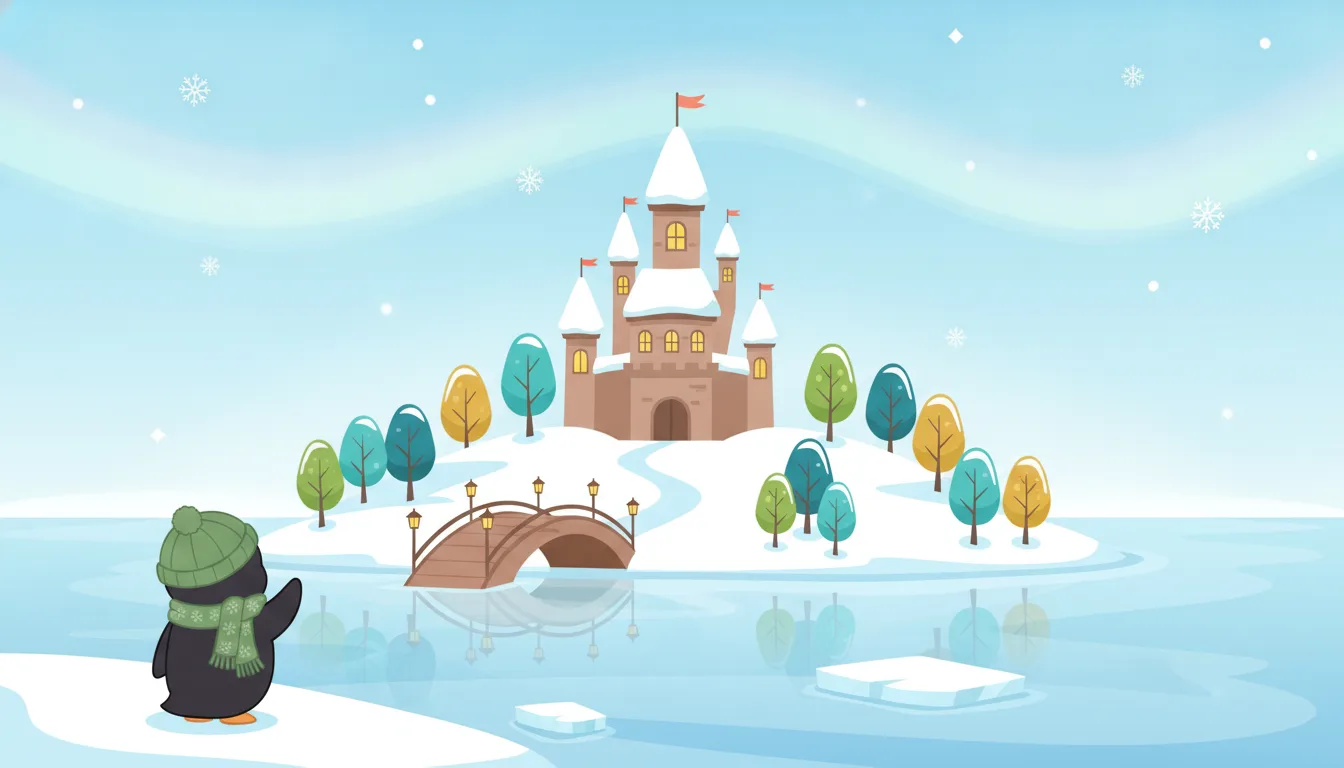 Enchanted Island — a snowy island with a storybook castle, a lantern-lit bridge and bright winter trees, with Poppy the Penguin looking on from the shore