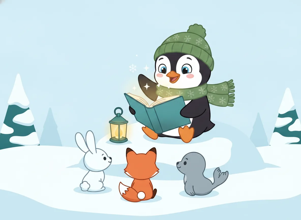 Poppy the Penguin reading aloud from a glowing storybook to a bunny, a fox cub and a seal pup in the snow